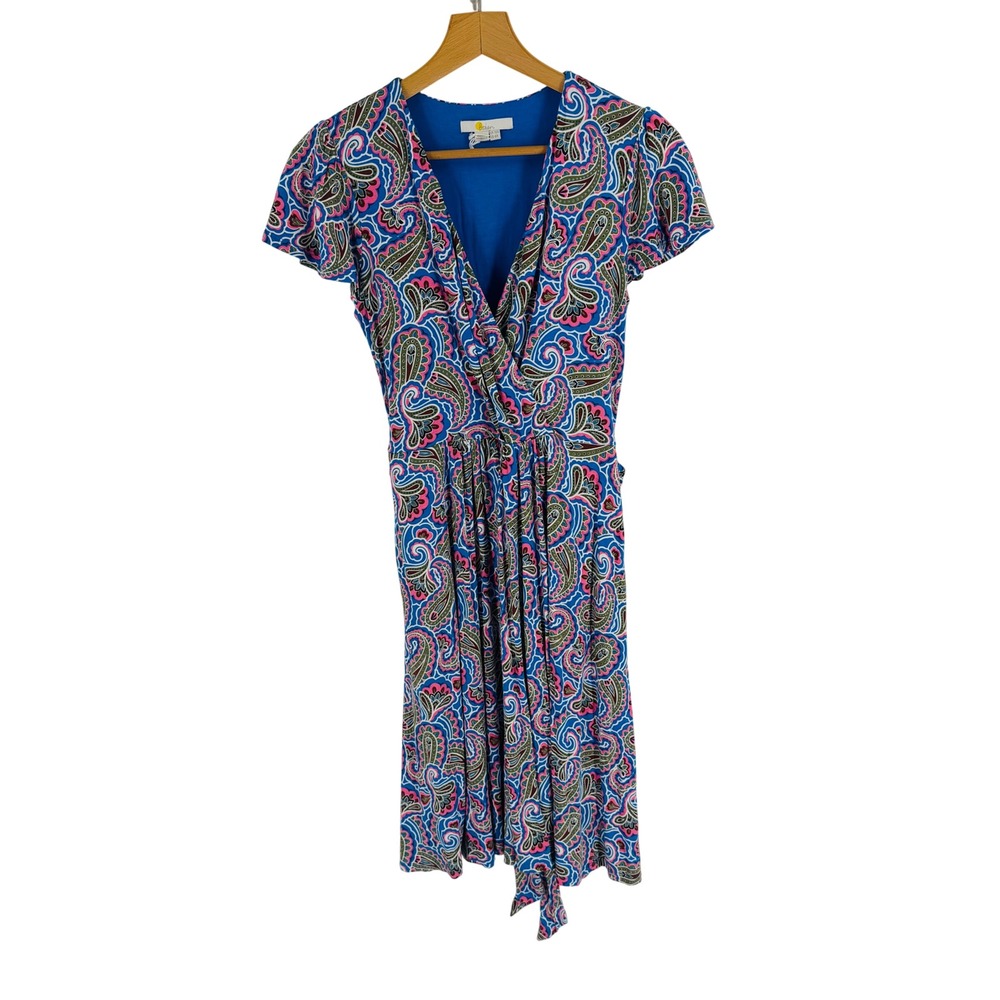 Boden Pink Blue Paisley V-Neck Short Sleeve Jersey Dress Size 6 Casual Retro‎